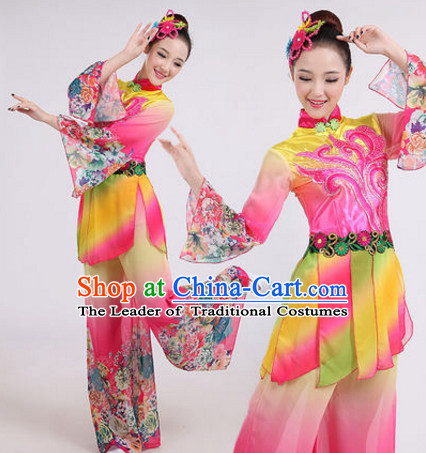 Chinese Folk Dance Costumes Traditional Chinese Fan Dancing Costume Ribbon Dancewear and Headwear Complete Set for Women Girls or Kids