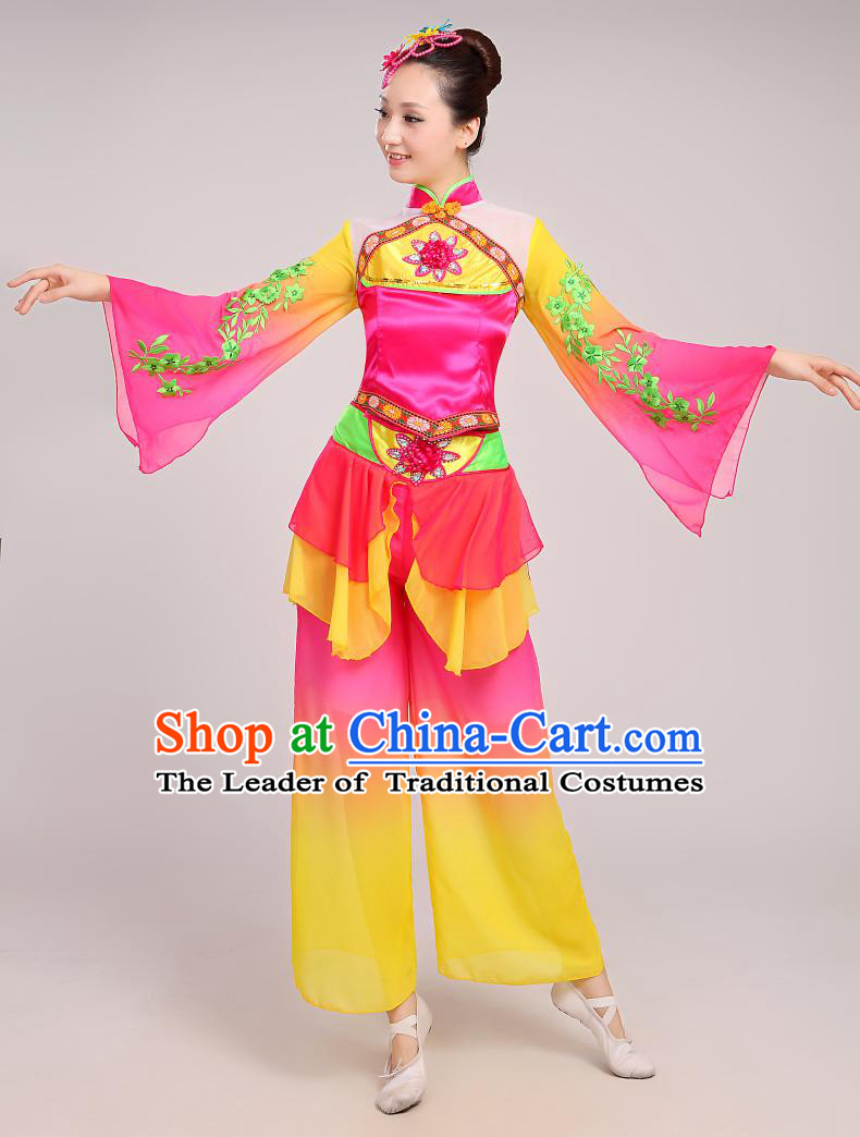 Chinese Folk Dance Costumes Traditional Chinese Fan Dancing Costume Ribbon Dancewear and Headwear Complete Set for Women Girls or Kids