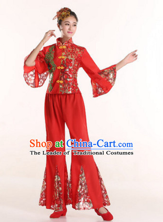 Chinese Folk Dance Costumes Traditional Chinese Fan Dancing Costume Ribbon Dancewear and Headwear Complete Set for Women Girls or Kids