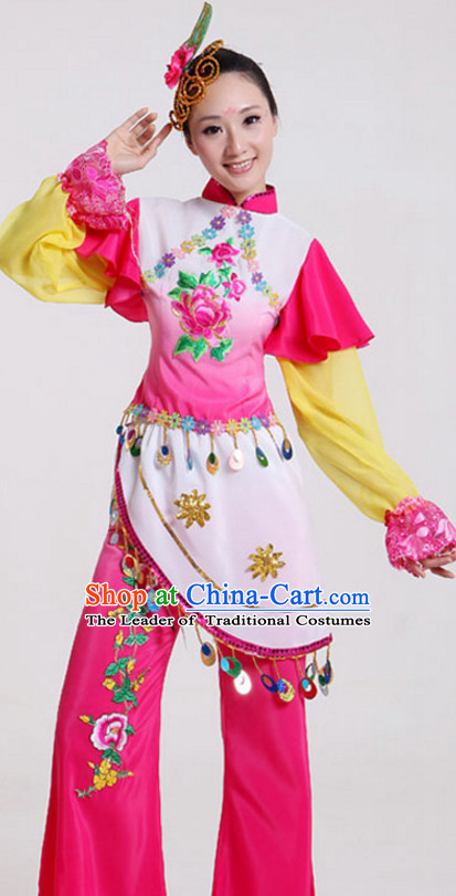 Chinese Folk Dance Costumes Traditional Chinese Fan Dancing Costume Ribbon Dancewear and Headwear Complete Set for Women Girls or Kids