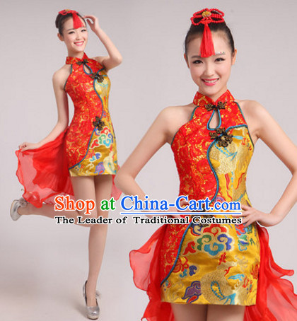 Chinese Folk Dance Costumes Traditional Chinese Fan Dancing Costume Ribbon Dancewear and Headwear Complete Set for Women Girls or Kids