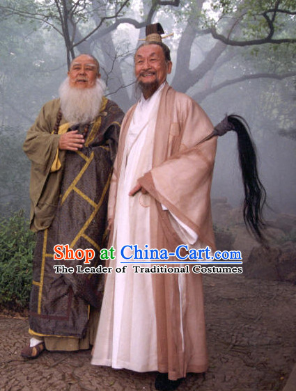 Chinese Ancient Male Taoist Costumes and Horsetail Whisk Complete Set