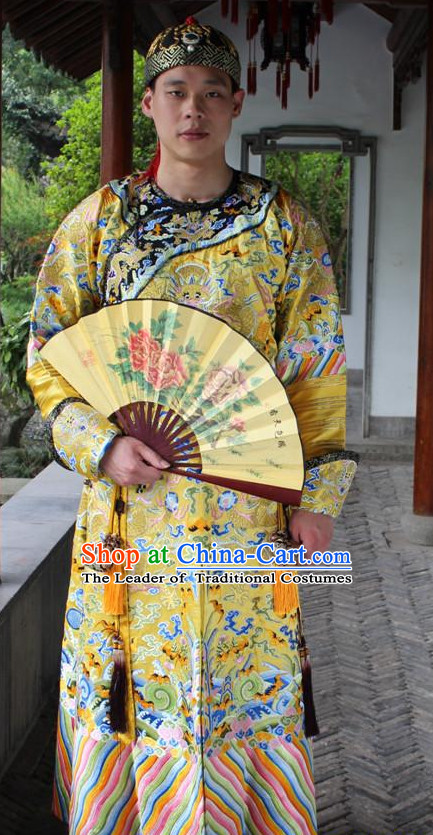 Qing Dynasty Chinese Emperor Embroidered Dragon Robe Hanfu Dresses Garment and Crown Complete Set for Men