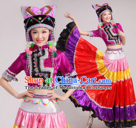 Purple Chinese Traditional Ethnic Minority Dance Costumes Dancing Outfits and Hat Complete Set for Women or Girls