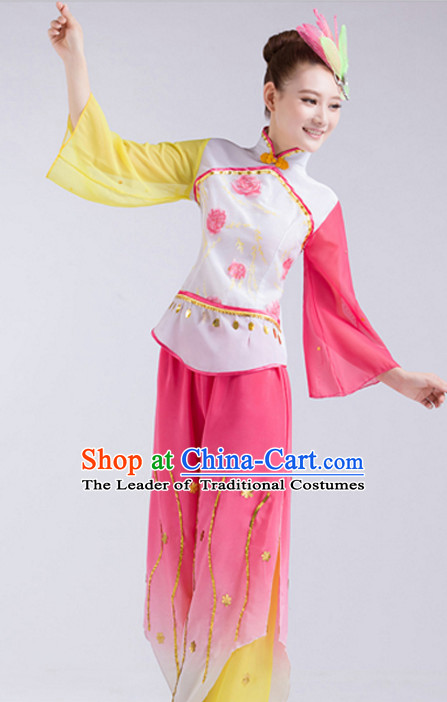 Chinese Folk Fan Dance Costumes and Headdress Complete Set for Children Girls