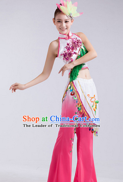 Chinese Folk Fan Dance Costumes and Headdress Complete Set for Children Girls