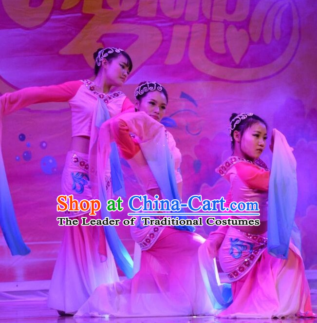 Water Sleeve Chinese Stage Performance Classical Dance Costumes and Headdress Complete Set for Women Girls