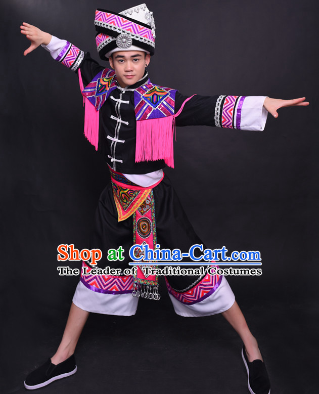 Chinese Chuang Group the Zhuang Nationality Folk Dance Ethnic Wear China Clothing Costume Ethnic Dresses Cultural Dances Costumes Complete Set for Men