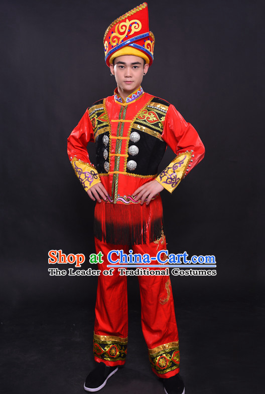 Chinese Chuang Group the Zhuang Nationality Folk Dance Ethnic Wear China Clothing Costume Ethnic Dresses Cultural Dances Costumes Complete Set for Men Boys