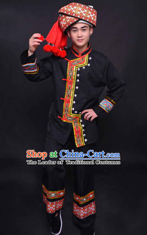 Chinese Yao Nationality Folk Dance Ethnic Wear China Clothing Costume Ethnic Dresses Cultural Dances Costumes Complete Set for Men Boys