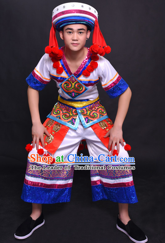 Chinese Yao Nationality Folk Dance Ethnic Wear China Clothing Costume Ethnic Dresses Cultural Dances Costumes Complete Set for Men Boys