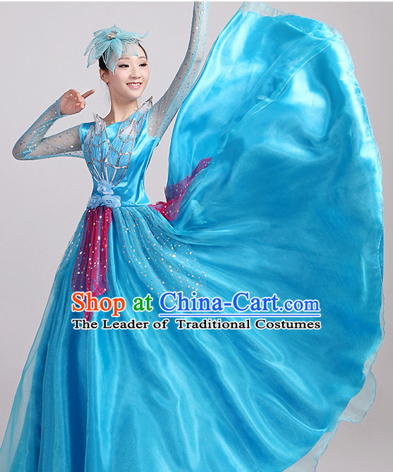 Blue Chinese Dance costume Dance Classes Uniforms Folk Dance Traditional Cultural Dance Costumes Complete Set