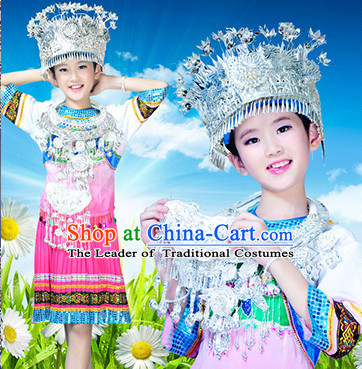 Chinese Hmong Folk Dance Ethnic Wear China Clothing Costume Ethnic Dresses Cultural Dances Costumes Complete Set for Children