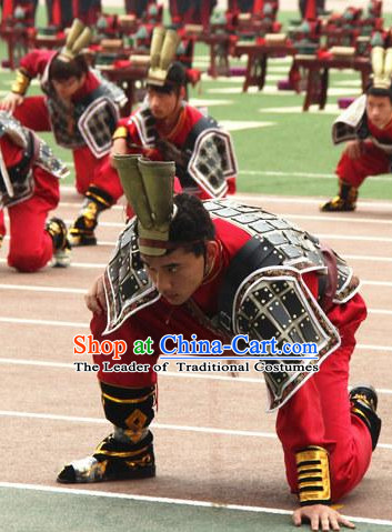 Chinese Classical Qin Bing Ma Yong Warrior Dancing Dance Costumes and Headwear Complete Set for Men