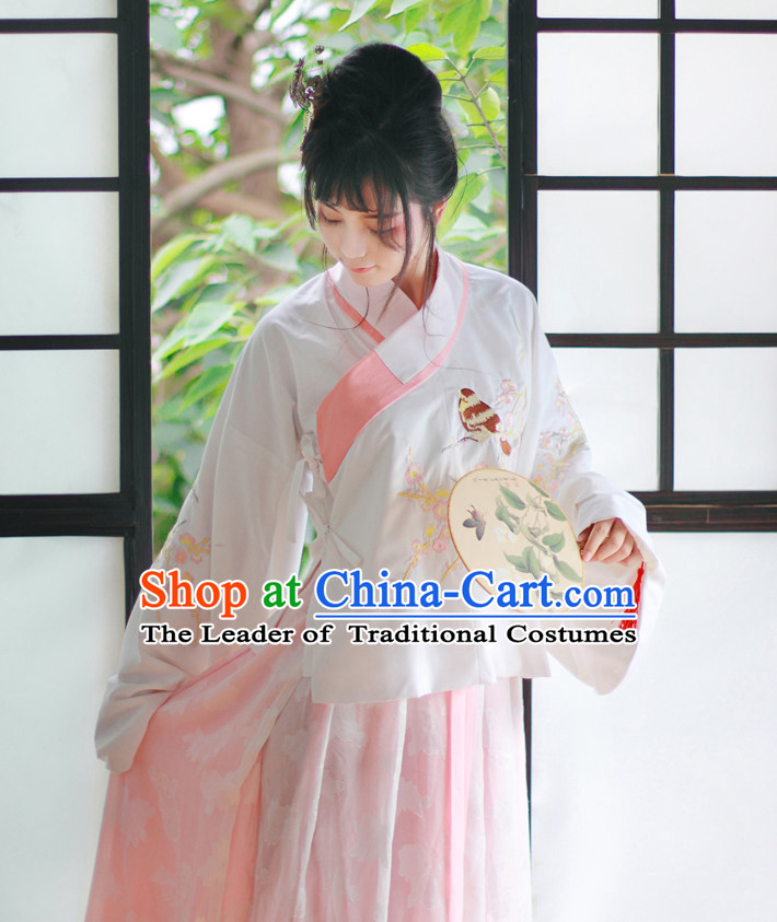 Traditional Chinese Pink Ming Dynasty Blouse and Skirt Complete Set for Women