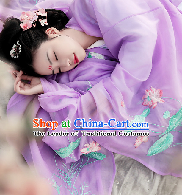 Chinese Traditional Dress Hanfu Costume China Kimono Robe Ancient Chinese Clothing National Costumes Gown Wear and Head Jewelry for Women Girls