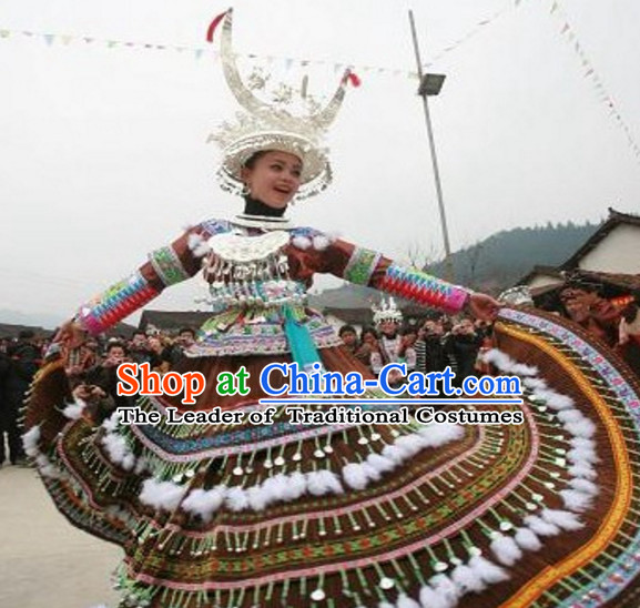 Chinese Miao Folk Dance Ethnic Dresses Traditional Wear Clothing Cultural Dancing Costume Complete Set for Women