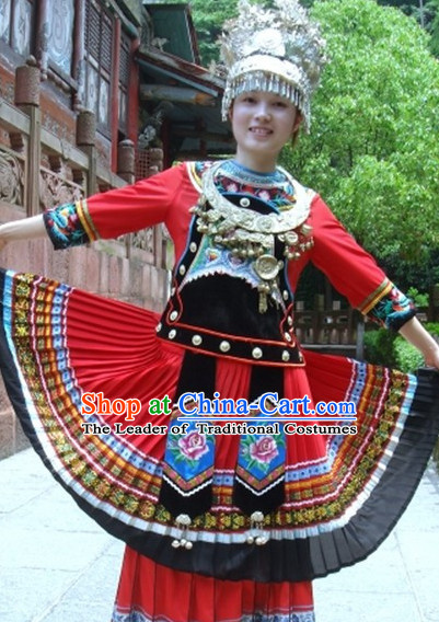 Chinese Miao Folk Dance Ethnic Dresses Traditional Wear Clothing Cultural Dancing Costume Complete Set for Women