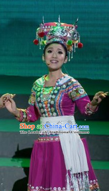 Chinese Folk Ethnic Dance Costume Traditional Minority Clothing National Costumes and Headwear Complete Set for Women