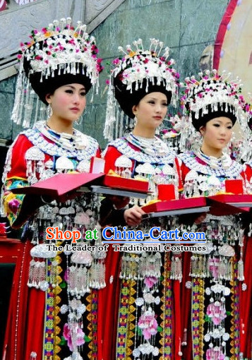 Chinese Miao People Folk Dance Ethnic Dresses Traditional Wear Clothing Cultural Dancing Costume Complete Sets for Women