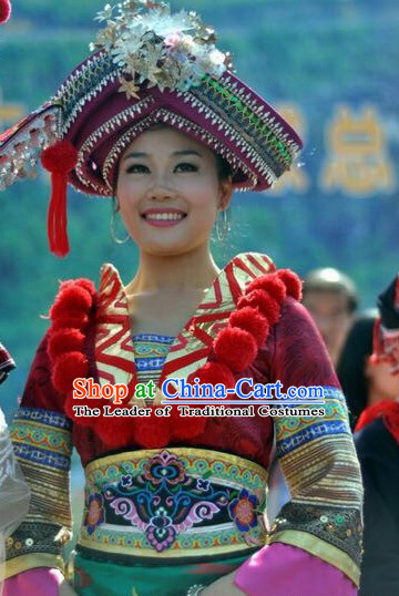 Chinese Miao People Folk Dance Ethnic Dresses Traditional Wear Clothing Cultural Dancing Costume Complete Sets for Women