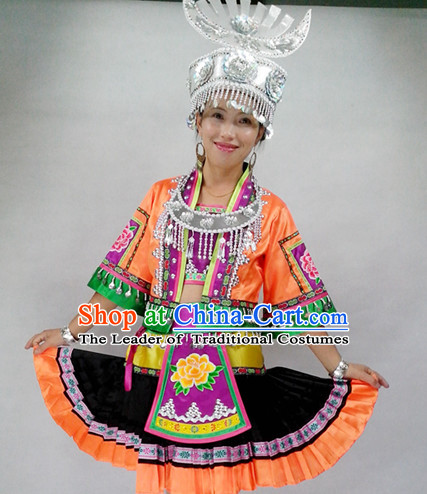 Chinese Miao People Folk Dance Ethnic Dresses Traditional Wear Clothing Cultural Dancing Costume Complete Sets for Women