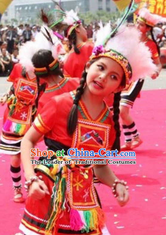 Chinese Gaoshan People Folk Dance Ethnic Dresses Traditional Wear Clothing Cultural Dancing Costume Complete Sets for Women