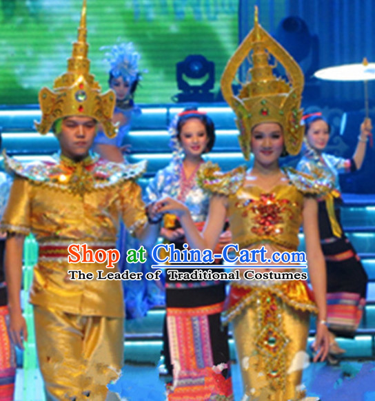 Traditional Thailand National Dance Costumes and Hats Complete Set for Women and Men