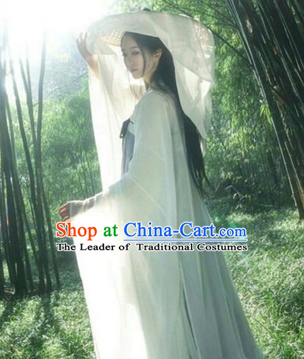 Ancient Chinese Tang Dynasty Style Skirt Clothing and Concial Straw Hat Complete Set for Women