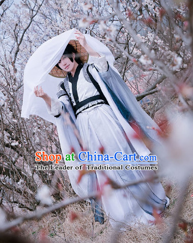 Ancient Chinese Jianghu Swordman Costume Clothing and Straw Hat Complete Set for Women or Men