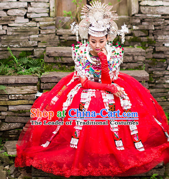 Chinese Hmong Girls Miao Nationality Ethnic Groups Wear Dresses Traditional Clothing for Women