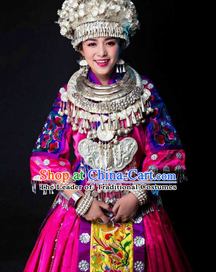 Traditional Chinese Hmong Singer Costumes Miao Dress Asian Ethnic Clothing National Costume Attire and Silver Hat Complete Set for Women