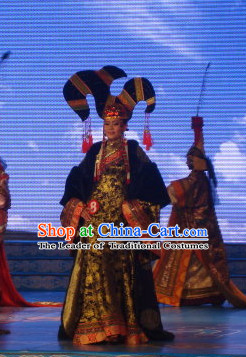 Traditional Mongolian Clothing Ancient Ethnic Queen Dresses and Hat Complete Set for Women