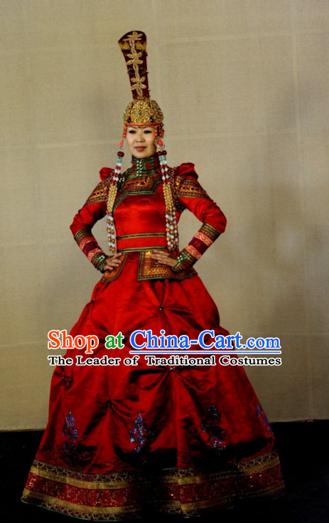 Traditional Mongolian Clothing Ancient Ethnic Queen Dresses and Hat Complete Set for Women