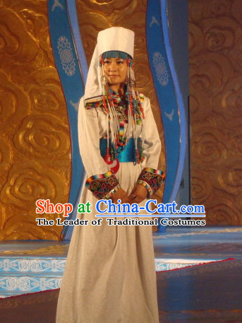 Traditional Mongolian Clothing Ancient Ethnic Queen Dresses and Hat Complete Set for Women