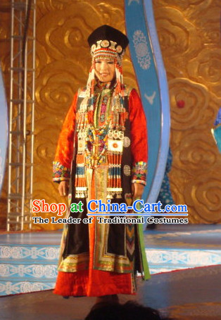 Top Traditional Mongolian Clothing Ancient Ethnic Queen Garments and Hat Complete Set for Women