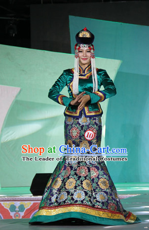 Top Traditional Mongolian Clothing Ancient Ethnic Queen Garments and Hat Complete Set for Women