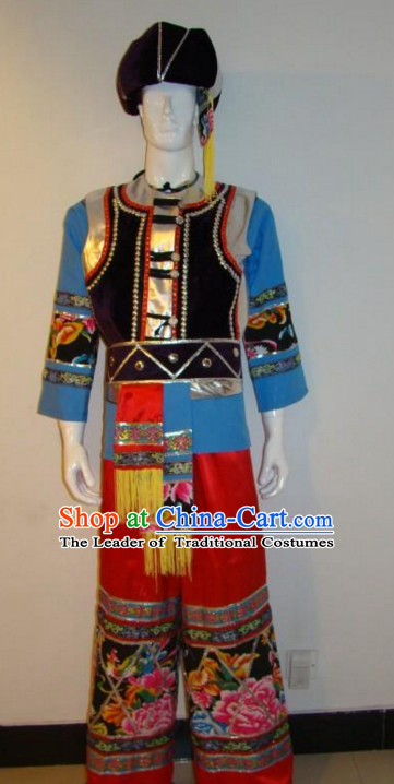 Chinese Traditional Ethnic Costumes Clothing and Hat Complete Set