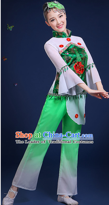 Chinese Folk Fan Dance Costumes and Headpieces Complete Set for Women