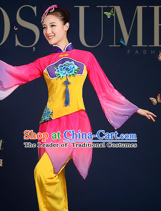 Chinese Folk Fan Dance Costumes and Headpieces Complete Set for Women