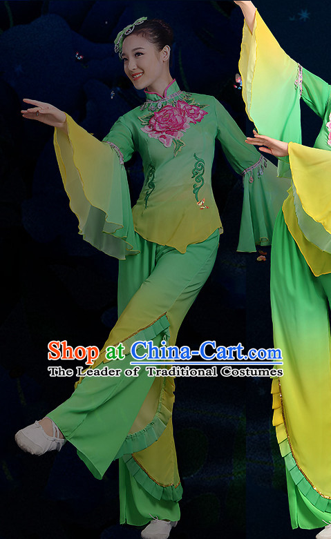 Chinese Folk Fan Dance Costumes and Headpieces Complete Set for Women