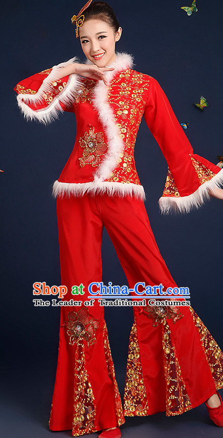 Chinese Folk Fan Dance Costumes and Headpieces Complete Set for Women