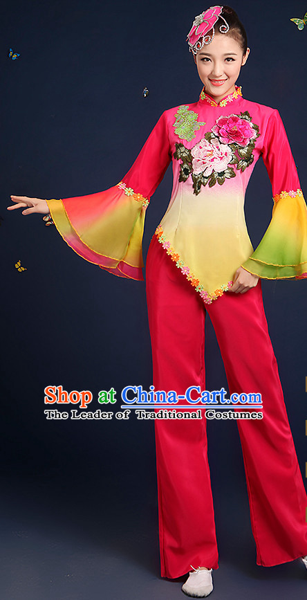 Chinese Folk Fan Dance Costumes and Headpieces Complete Set for Women