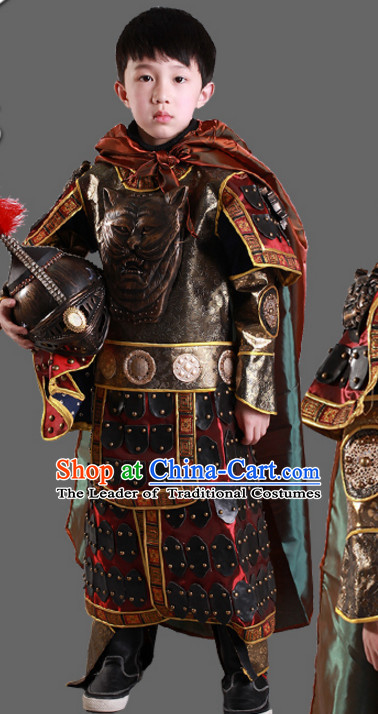 Ancient Chinese Children General Costume Armor Costumes and Hat Complete Set