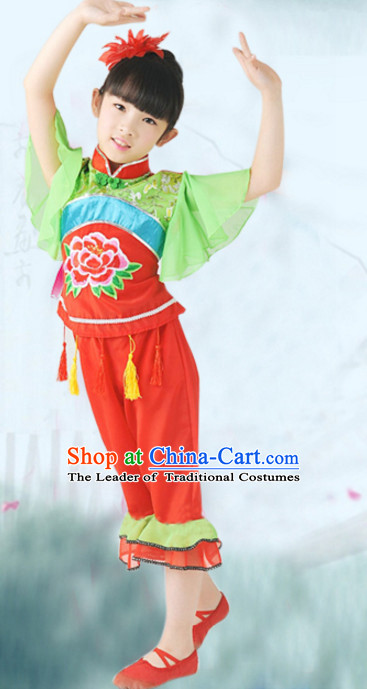 Traditional Chinese Fan Dancing Costume Chinese Dance Costumes Complete Set for Kids Girls