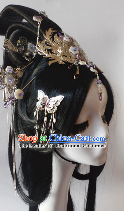 Chinese Classic Princess Fairy Long Black Wigs and Headwear Crowns Hats Headpiece Hair Accessories Jewelry Set