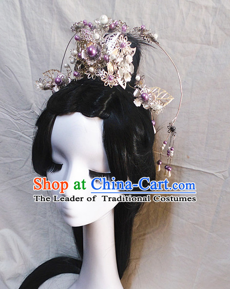 Chinese Classic Princess Fairy Long Black Wigs and Headwear Crowns Hats Headpiece Hair Accessories Jewelry Set