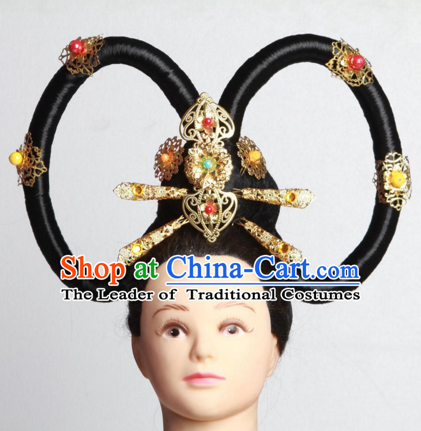 Handmade Chinese Fairy Stage Performance Black Wigs Hair Decorations Headpieces for Women