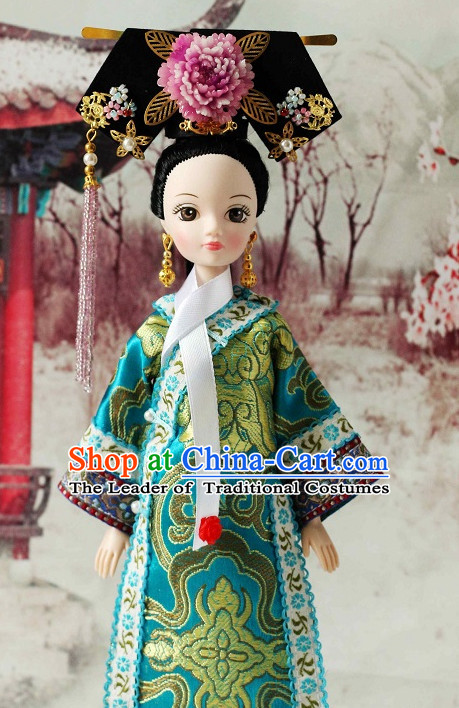 Traditional Qing Dynasty Chinese Women Clothing Imperial Dresses National Costume and Hair Ornaments Complete Set