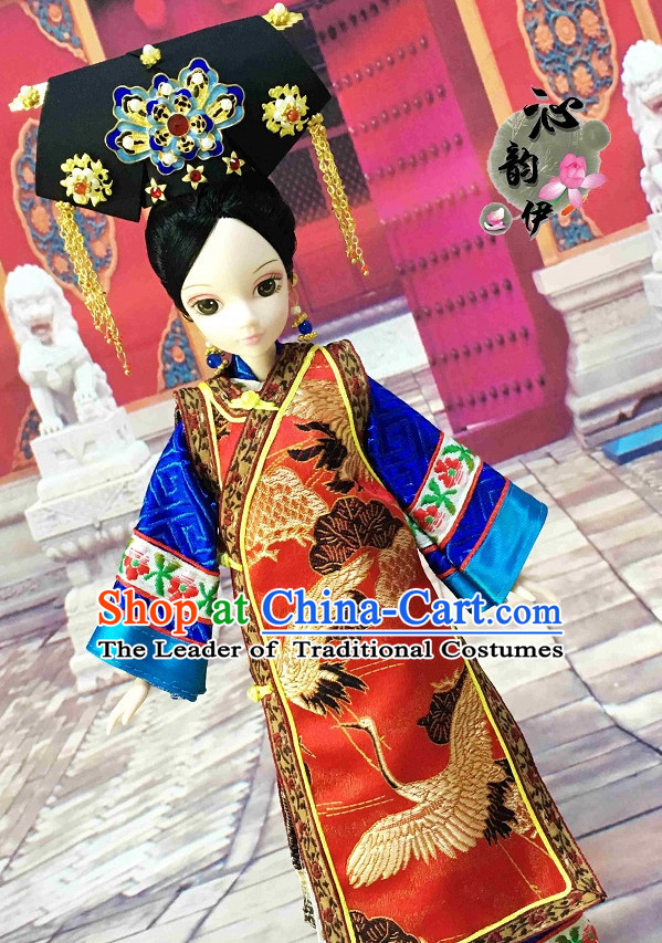 Traditional Qing Dynasty Chinese Women Empress Clothing Imperial Princess Dresses National Costume and Hair Ornaments Complete Set